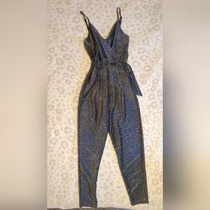 1970s Style Glam Black Silver Glitter Jumpsuit Belt V Neck Studio 54 Small